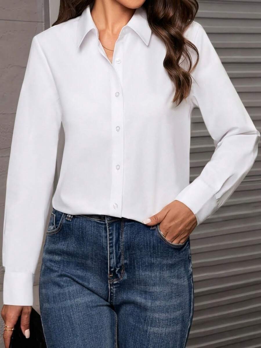 SHEIN قميص أبيض بأزرار وأكمام طويلة بقصة كلاسيكية أنيقة