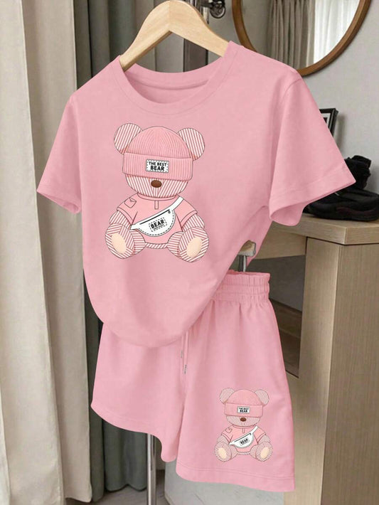 SHEIN Resyla طقم قطعتين تي شيرت وشورت بطبعة دب