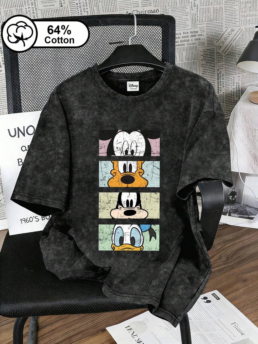 SHEIN Disney تي شيرت أسود بطبعة ميكي وأصدقائه ستايل ريترو