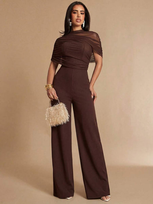 SHEIN Silquee جمبسوت بني من قماش الشبك بأكمام قصيرة بتصميم أنيق