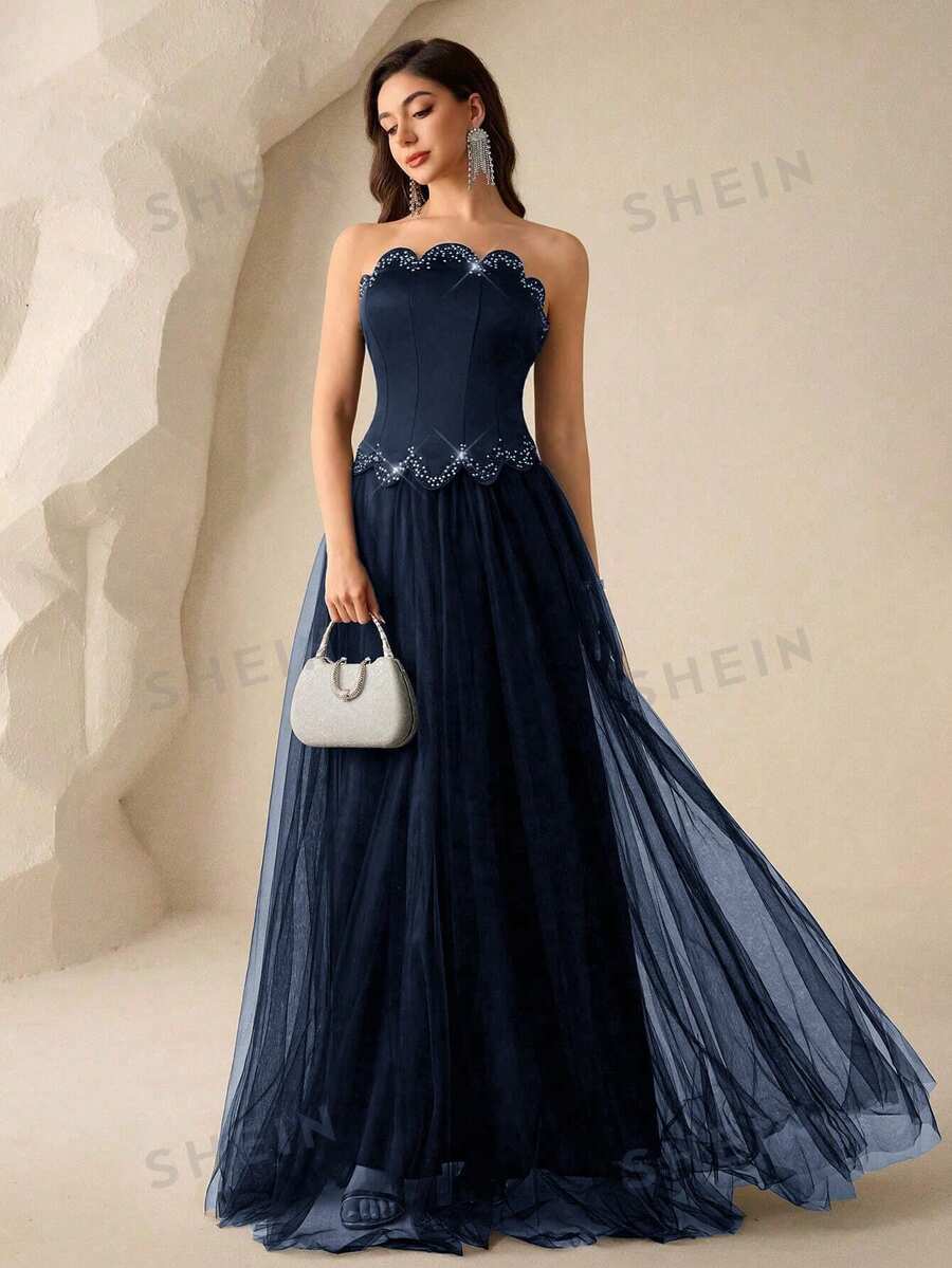 SHEIN Coutiva فستان سهرة أزرق مزين بالشبك والرينستون بتطريز فاخر
