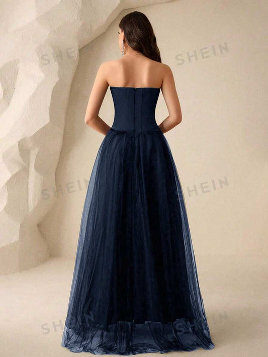 SHEIN Coutiva فستان سهرة أزرق مزين بالشبك والرينستون بتطريز فاخر