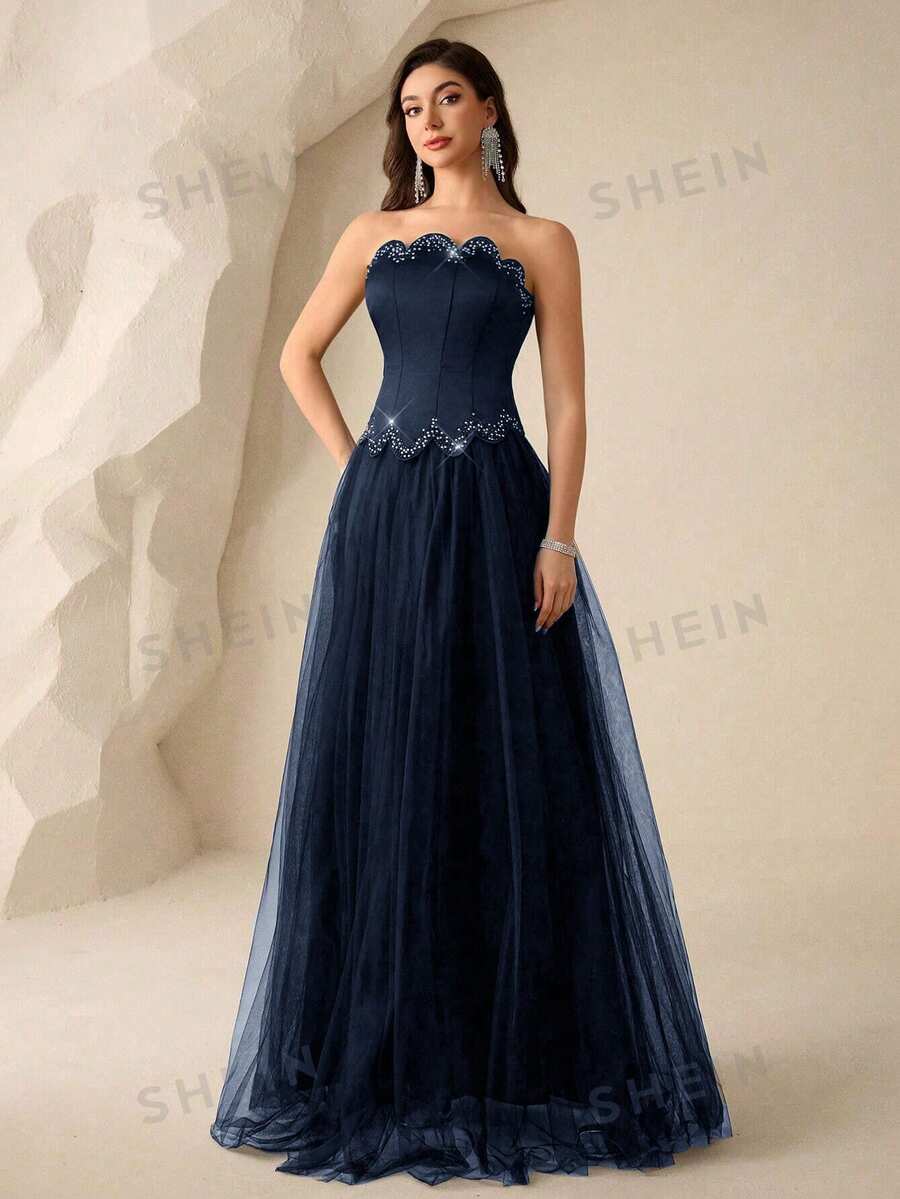 SHEIN Coutiva فستان سهرة أزرق مزين بالشبك والرينستون بتطريز فاخر