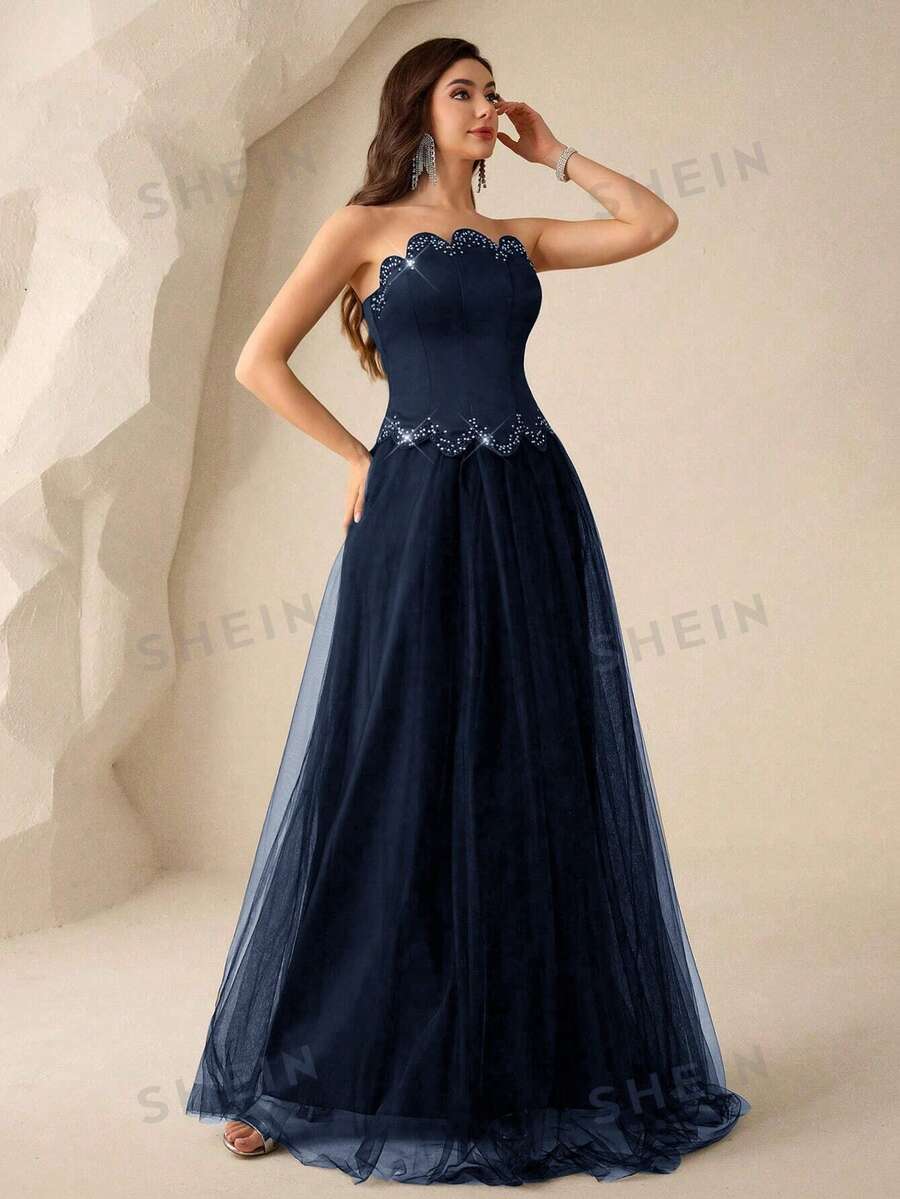 SHEIN Coutiva فستان سهرة أزرق مزين بالشبك والرينستون بتطريز فاخر