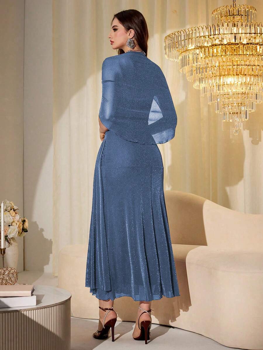 SHEIN Modelyn فستان أزرق طويل بأكمام شفافة لامعة
