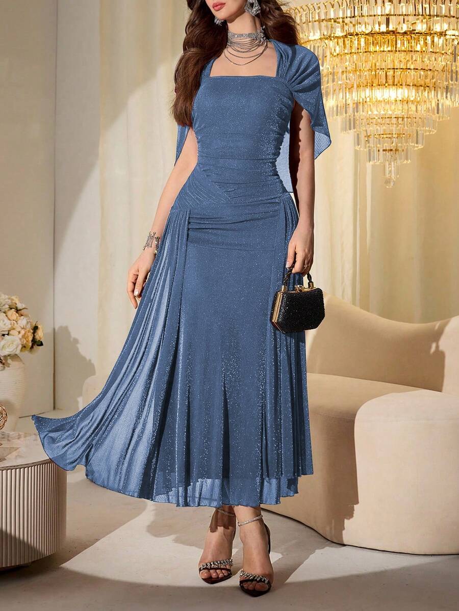 SHEIN Modelyn فستان أزرق طويل بأكمام شفافة لامعة
