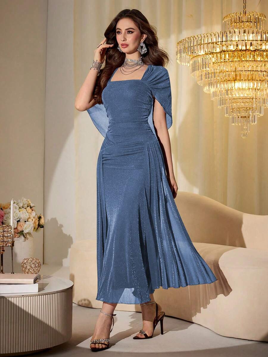 SHEIN Modelyn فستان أزرق طويل بأكمام شفافة لامعة