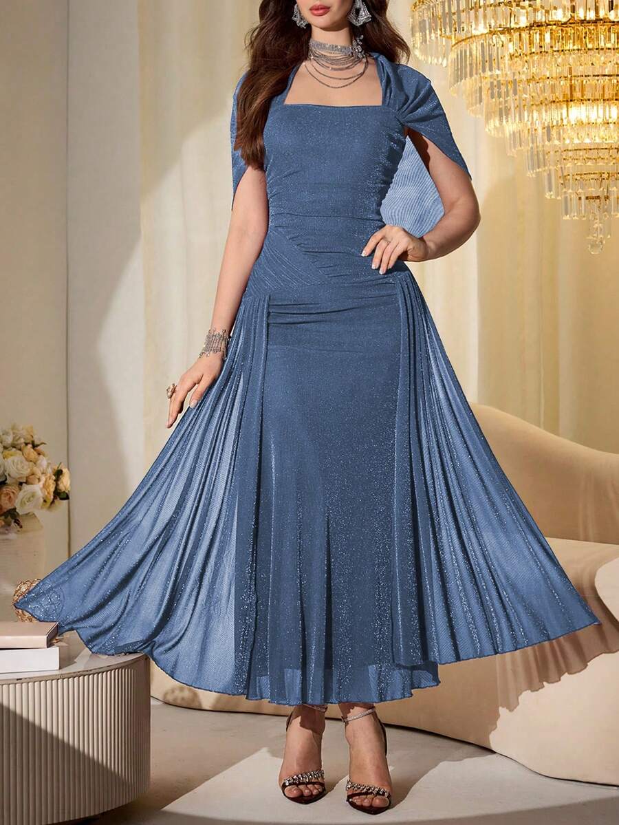 SHEIN Modelyn فستان أزرق طويل بأكمام شفافة لامعة