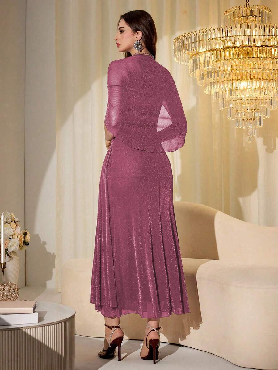 SHEIN Modelyn فستان طويل بأكمام شفافة لامعة