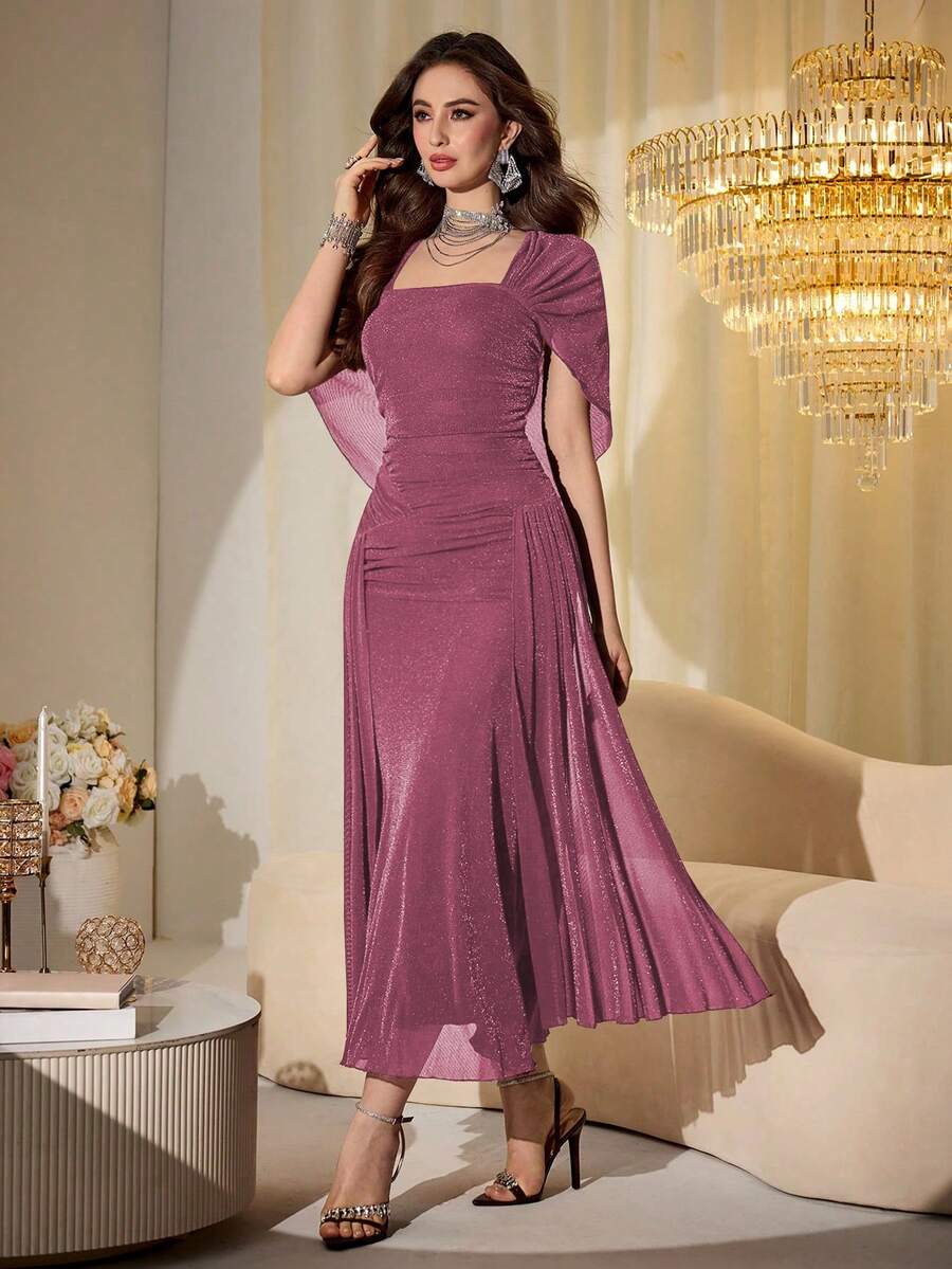 SHEIN Modelyn فستان طويل بأكمام شفافة لامعة