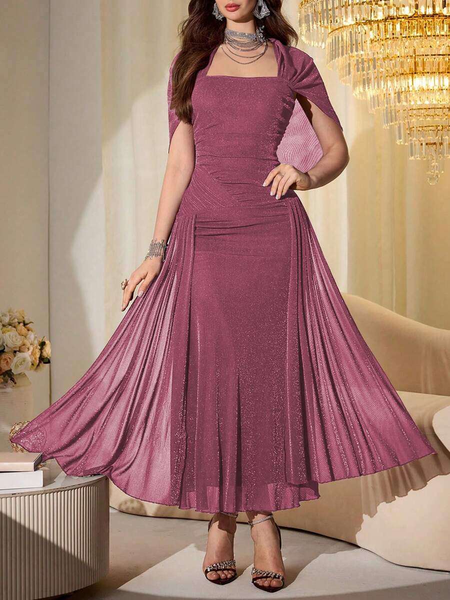 SHEIN Modelyn فستان طويل بأكمام شفافة لامعة