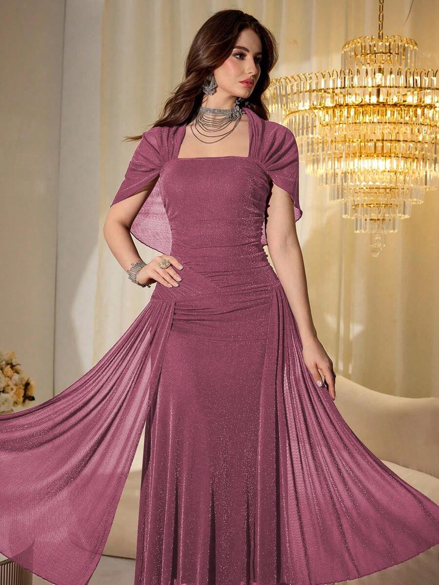 SHEIN Modelyn فستان طويل بأكمام شفافة لامعة