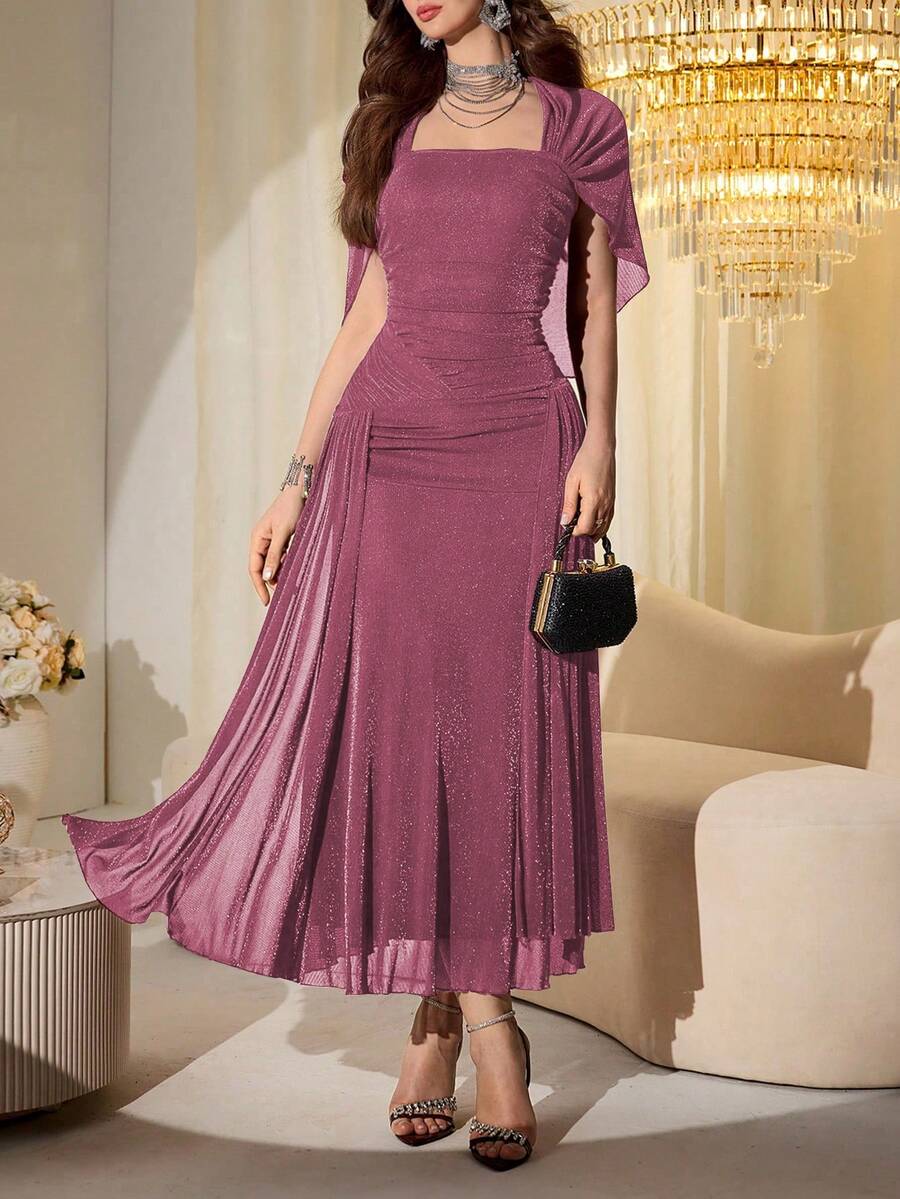 SHEIN Modelyn فستان طويل بأكمام شفافة لامعة