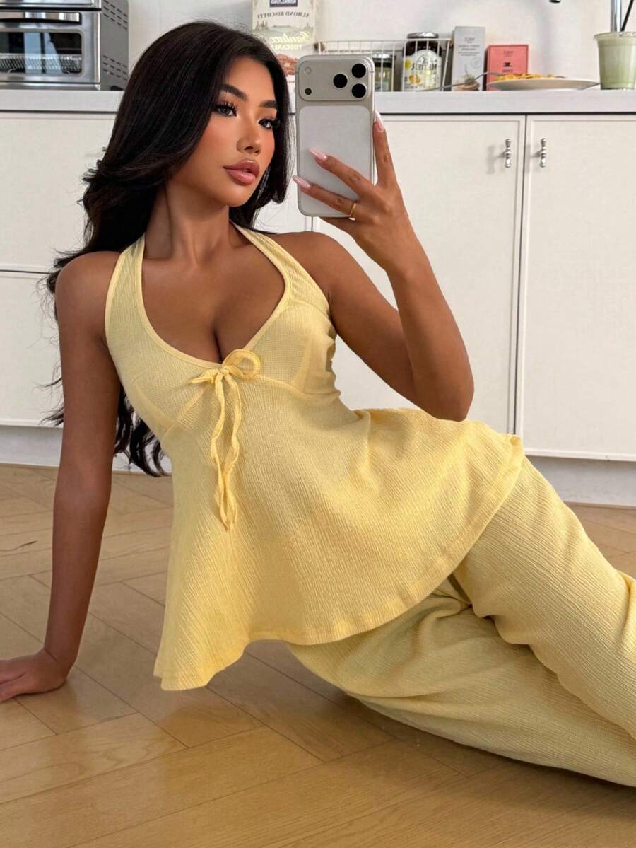 SHEIN ZzzCrew طقم بيجامة نسائية توب بربطة عنق مربوطة وبنطلون رياضي