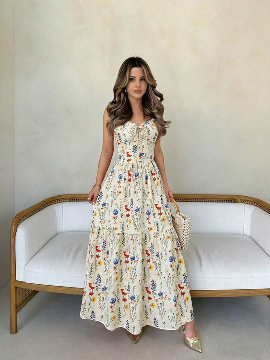 SHEIN فستان  مزهر طويل مكشكش بحمالات ربطة صدر
