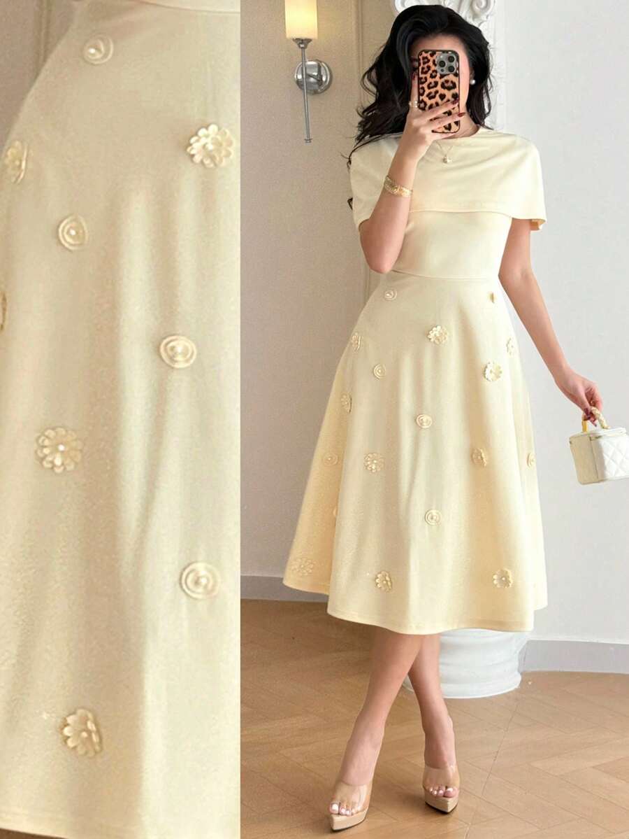 SHEIN فستان أنيق بلون أصفر مع تطريز