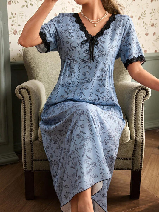 SHEIN CottageSlumber فستان نوم شيفون بطبعة زهور بلون أزرق