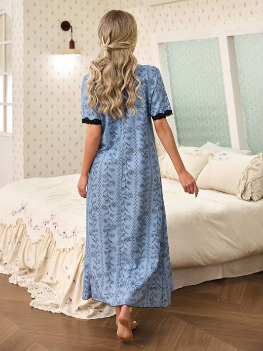 SHEIN CottageSlumber فستان نوم شيفون بطبعة زهور بلون أزرق
