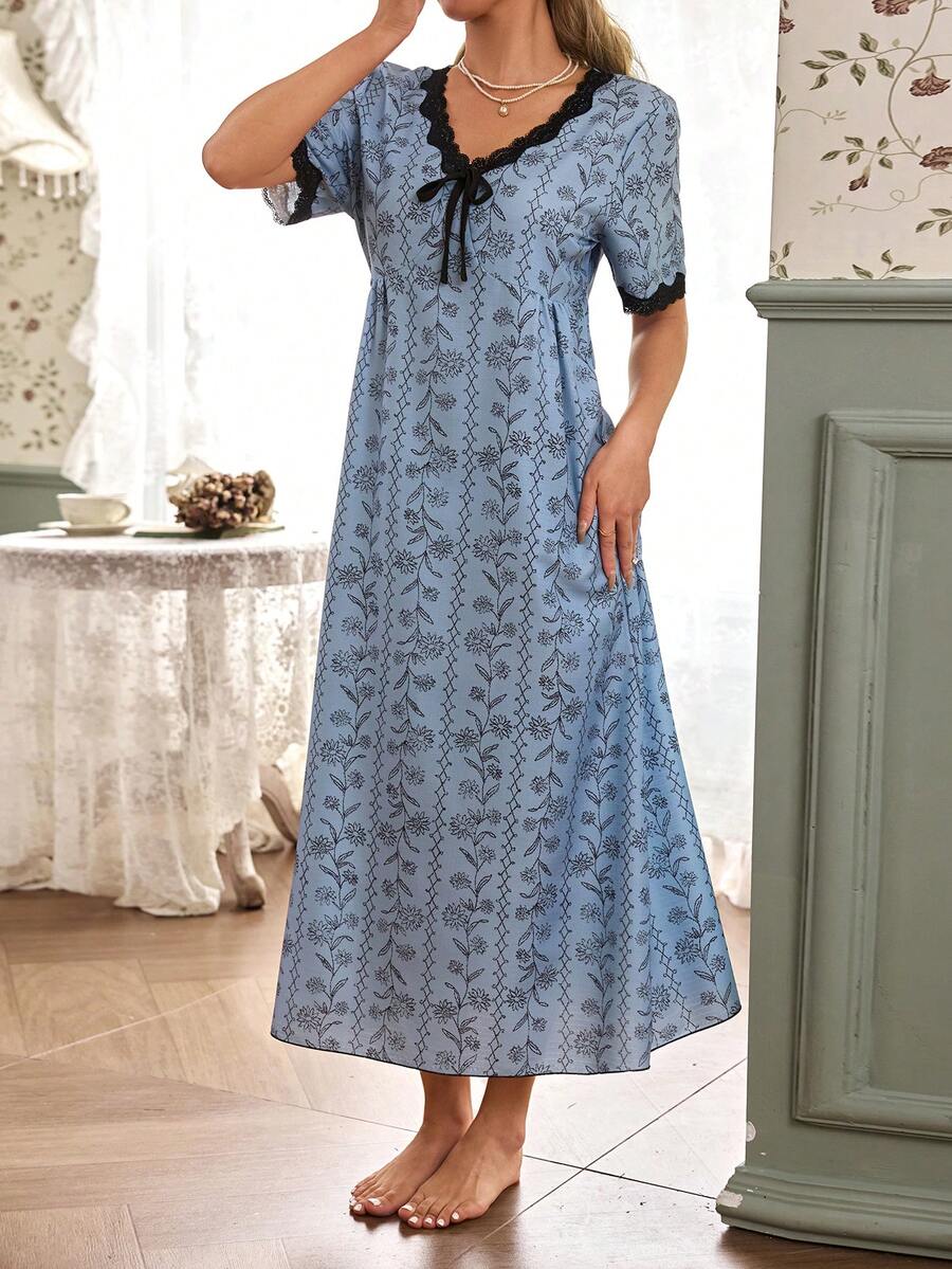 SHEIN CottageSlumber فستان نوم شيفون بطبعة زهور بلون أزرق