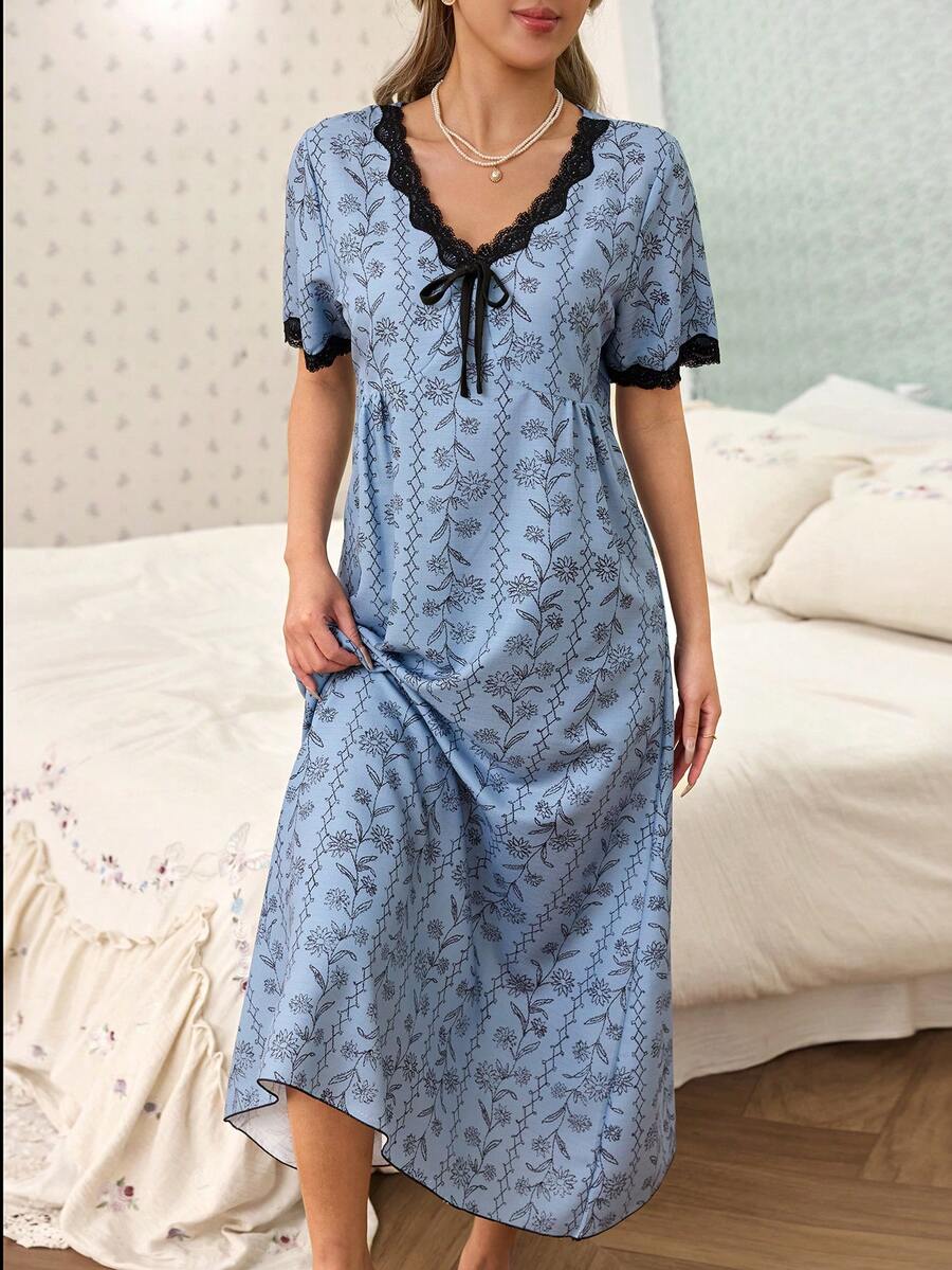 SHEIN CottageSlumber فستان نوم شيفون بطبعة زهور بلون أزرق