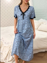 SHEIN CottageSlumber فستان نوم شيفون بطبعة زهور بلون أزرق