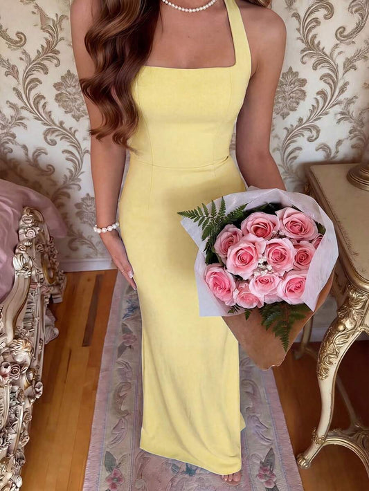 SHEIN فستان أصفر بياقة مربعة وربطة عنق أنيقة