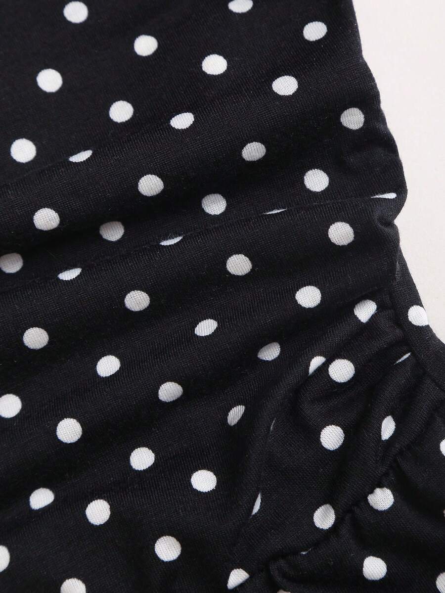 SHEIN Sweetra جمبسوت أسود بنقاط بيضاء بكتف غير متماثل وساق مستقيمة
