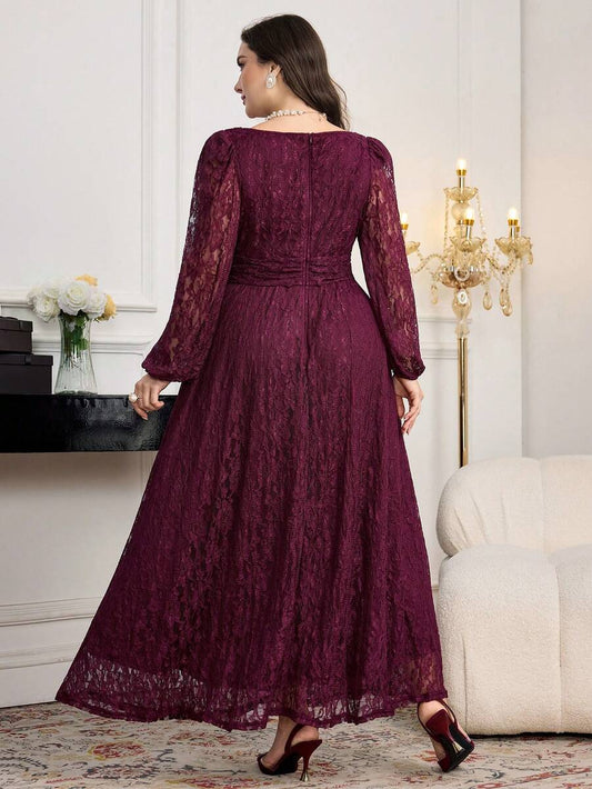 SHEIN Modelyn فستان أرجواني للمقاسات الكبيرة بأكمام دانتيل طويلة وخصر محدد