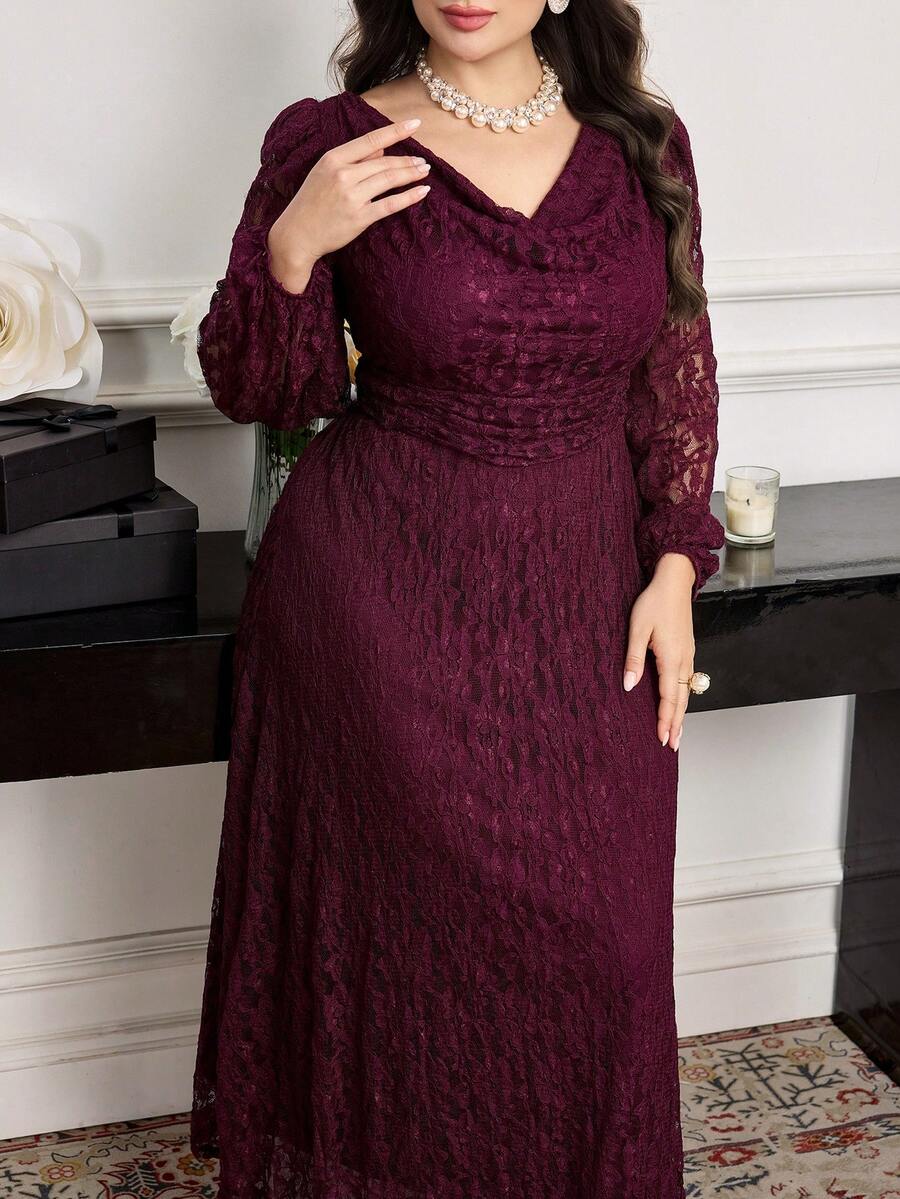 SHEIN Modelyn فستان أرجواني للمقاسات الكبيرة بأكمام دانتيل طويلة وخصر محدد
