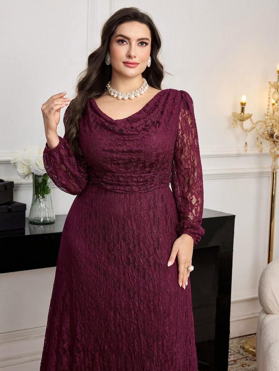 SHEIN Modelyn فستان أرجواني للمقاسات الكبيرة بأكمام دانتيل طويلة وخصر محدد