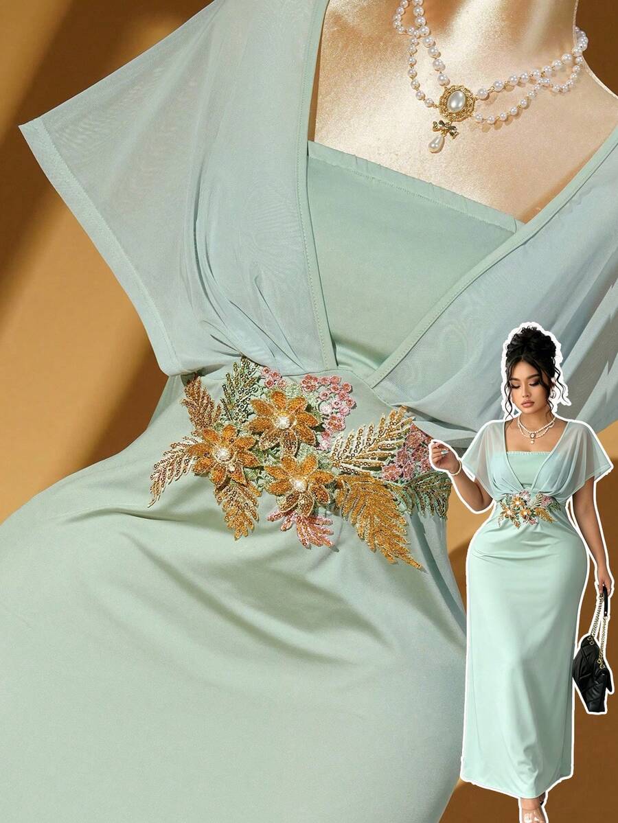 SHEIN Rometta فستان ماكسي للمقاسات الكبيرة بتطريز ملون وشال شبكي وأكمام قصيرة