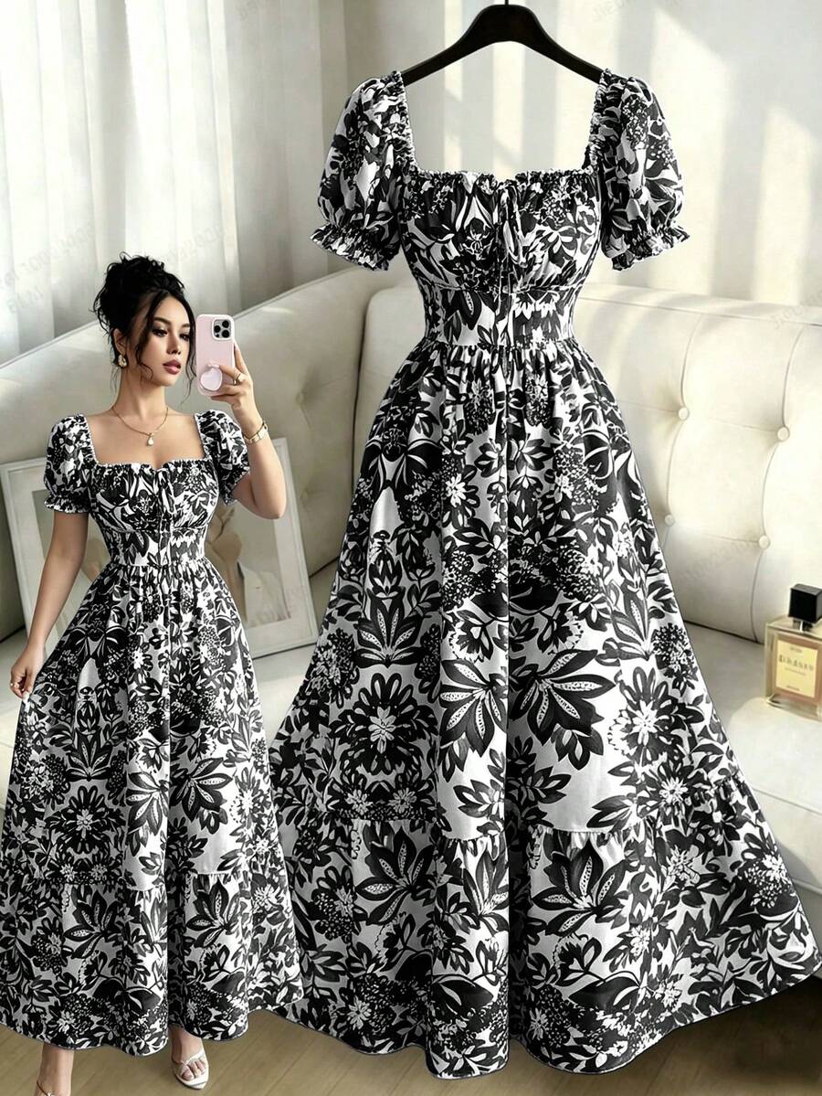 SHEIN Elenzga فستان بطبعة زهرية وأكمام منتفخة وربطة أمامية وظهر مكشوف