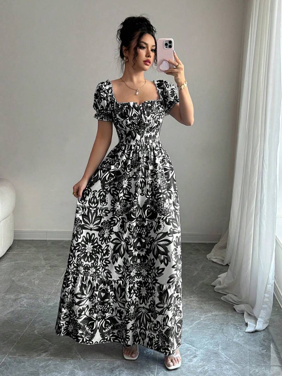 SHEIN Elenzga فستان بطبعة زهرية وأكمام منتفخة وربطة أمامية وظهر مكشوف