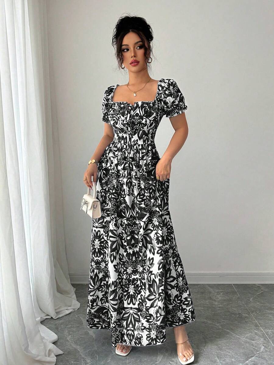 SHEIN Elenzga فستان بطبعة زهرية وأكمام منتفخة وربطة أمامية وظهر مكشوف