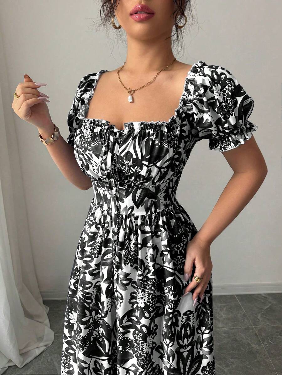 SHEIN Elenzga فستان بطبعة زهرية وأكمام منتفخة وربطة أمامية وظهر مكشوف