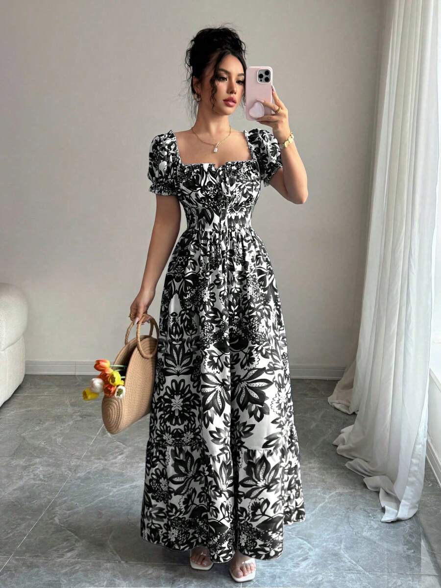 SHEIN Elenzga فستان بطبعة زهرية وأكمام منتفخة وربطة أمامية وظهر مكشوف