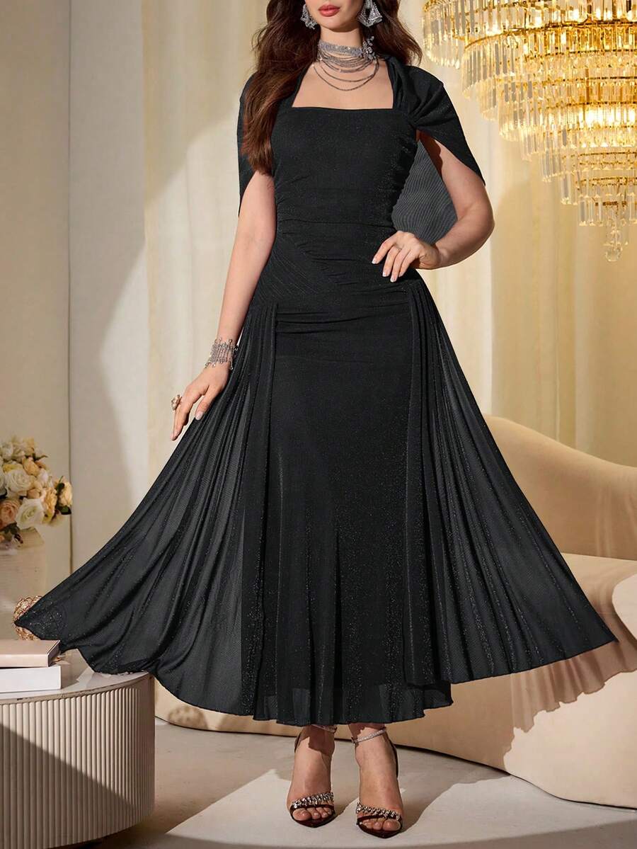 SHEIN Modelyn فستان طويل مع شال شبكي لامع بلون أسود