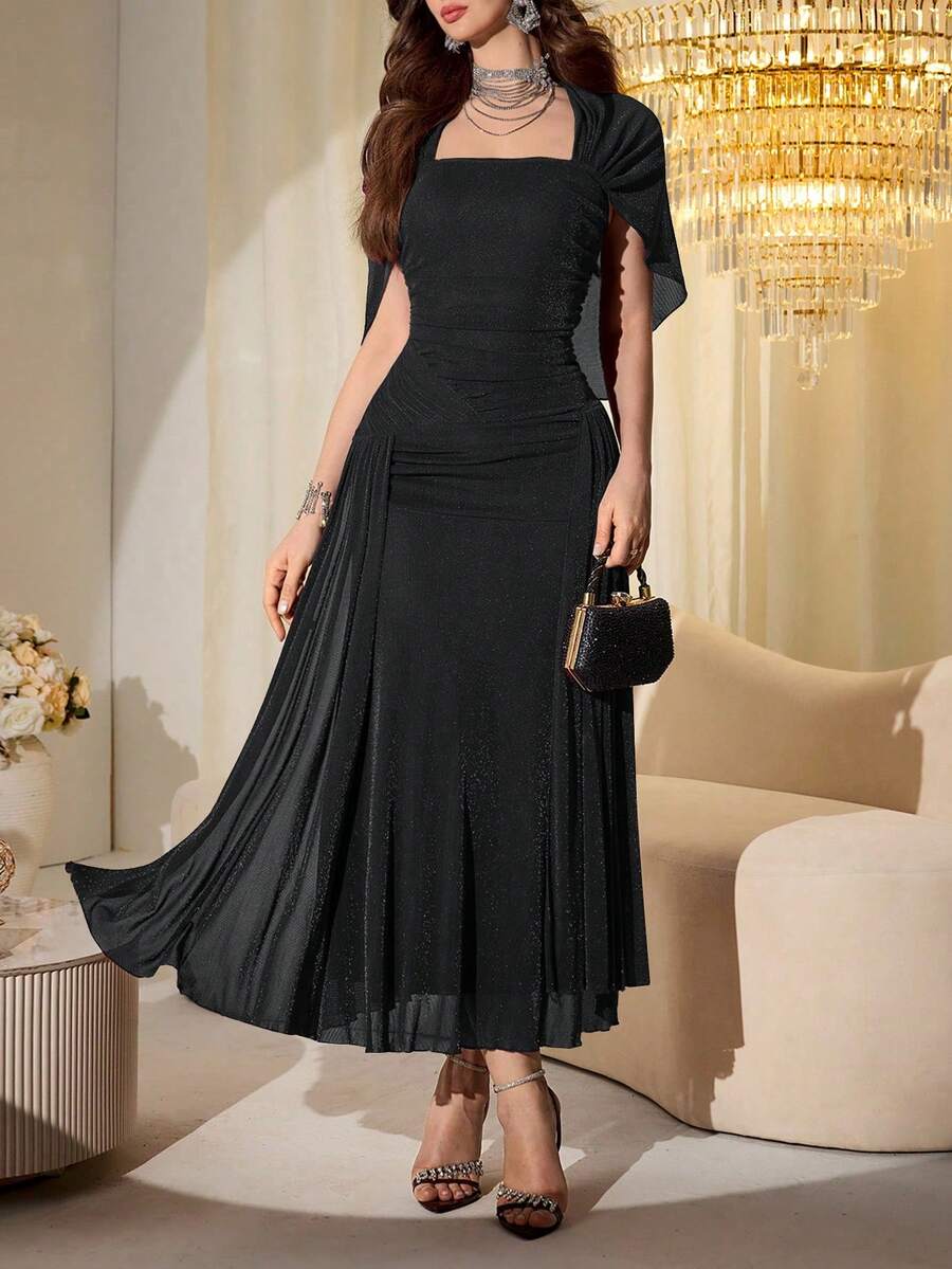 SHEIN Modelyn فستان طويل مع شال شبكي لامع بلون أسود