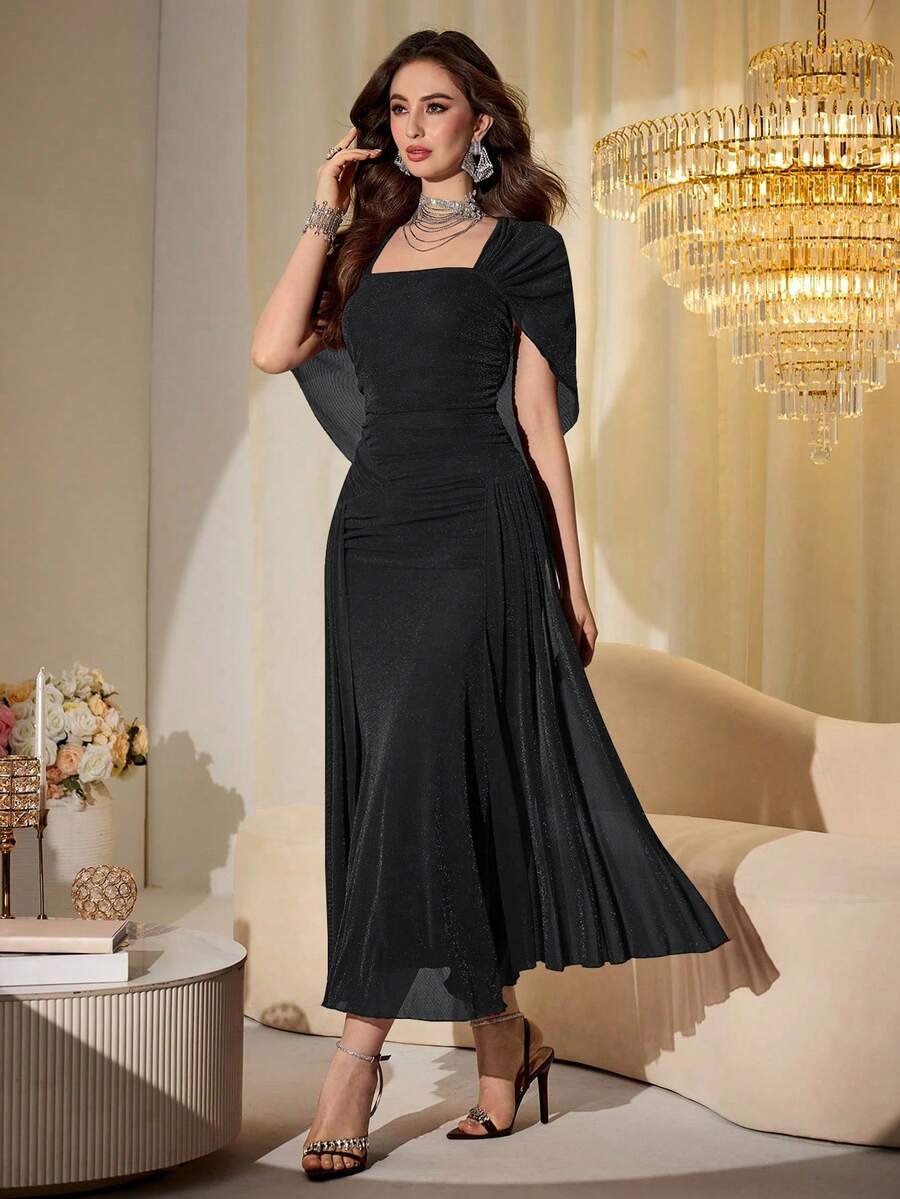 SHEIN Modelyn فستان طويل مع شال شبكي لامع بلون أسود