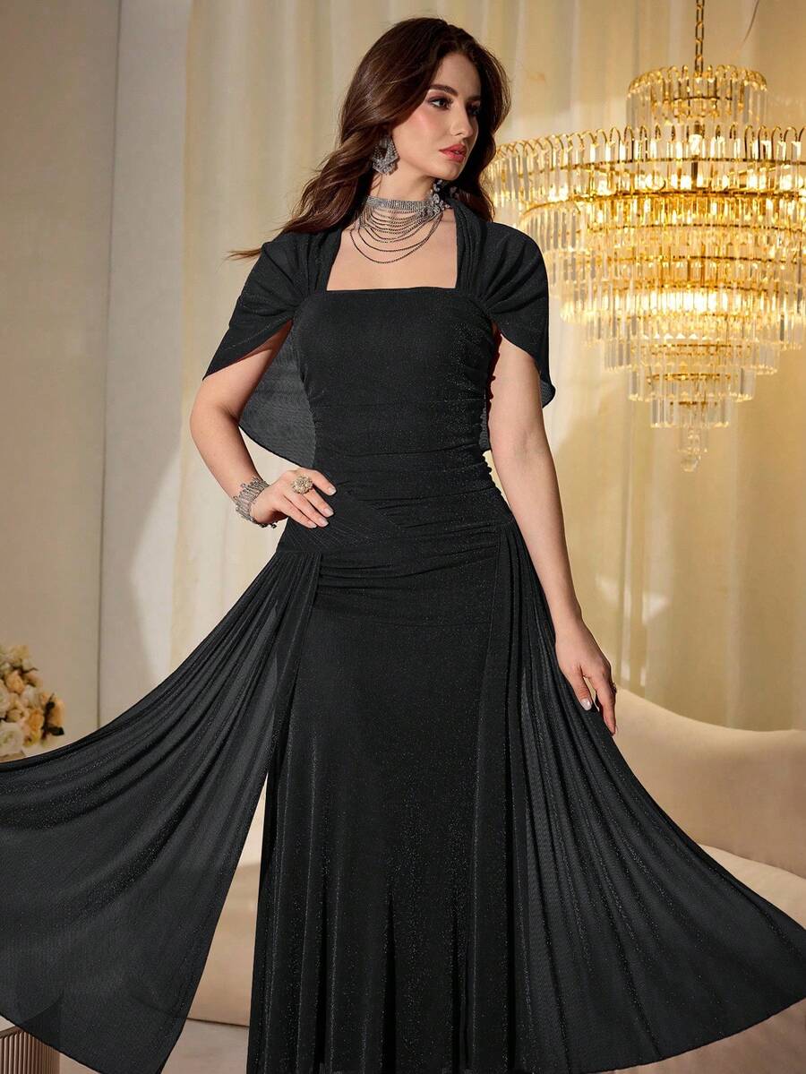SHEIN Modelyn فستان طويل مع شال شبكي لامع بلون أسود