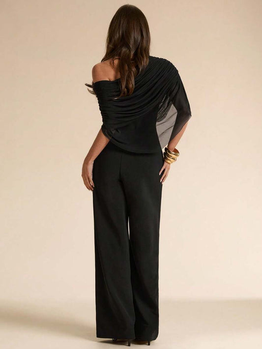 SHEIN BAE جمبسوت نسائي أسود أنيق بكتف مائل شبكي مجعد وأرجل واسعة من