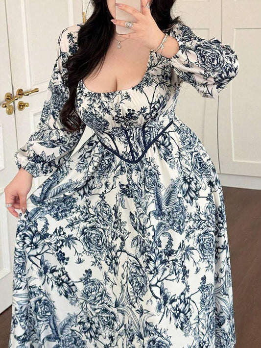 SHEIN Vibekara فستان طويل للمقاسات الكبيرة بطبعة خزف أزرق وأبيض كاجوال