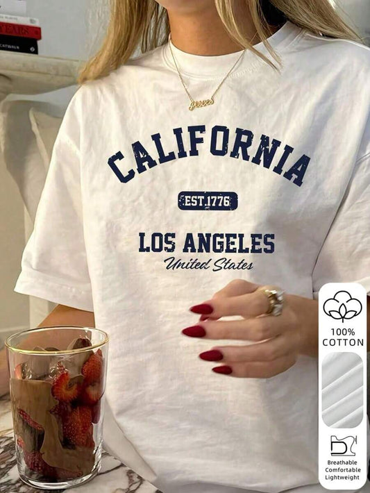 SHEIN تي شيرت أبيض قطني فضفاض بطباعة لوس أنجلوس