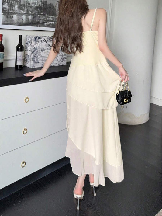SHEIN فستان ماكسي سادة بكشكشة وياقة متدلية بلون مشمشي