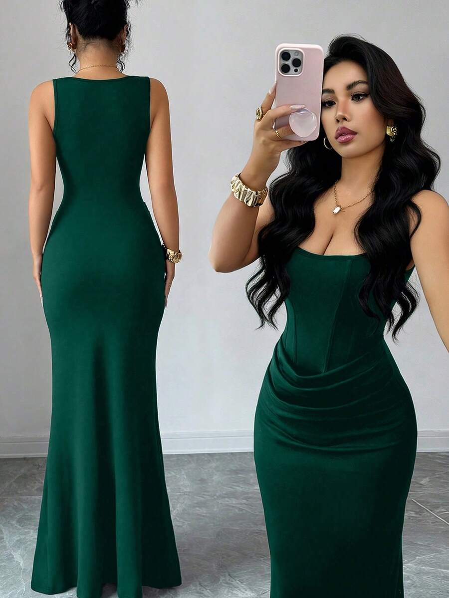 SHEIN Selianne فستان أخضر بياقة مربعة وقصة ضيقة وخصر مجمع