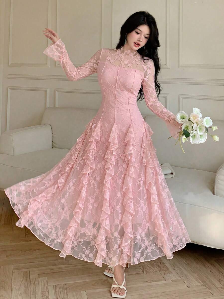 SHEIN MODELYN فستان وردي طويل بأكمام مزخرفة بالدانتيل مع خصر محدد