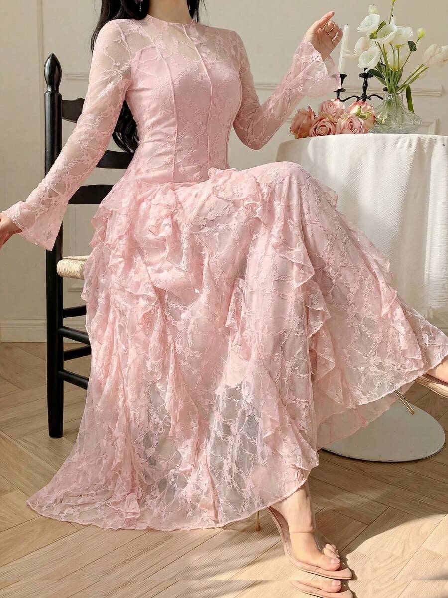 SHEIN MODELYN فستان وردي طويل بأكمام مزخرفة بالدانتيل مع خصر محدد