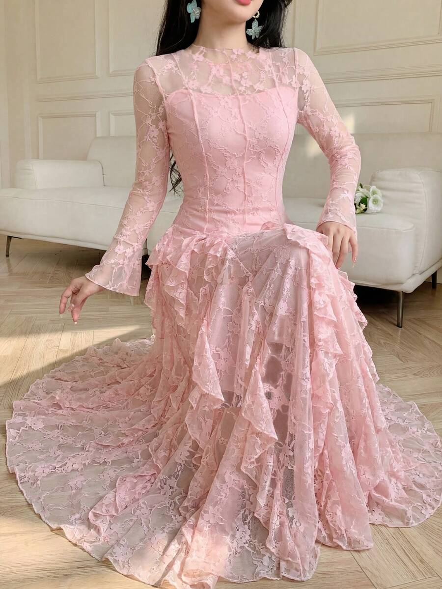 SHEIN MODELYN فستان وردي طويل بأكمام مزخرفة بالدانتيل مع خصر محدد