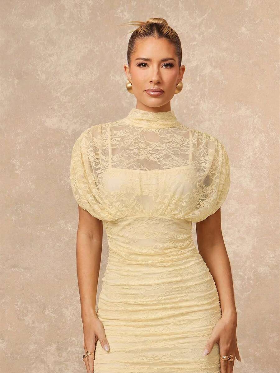 SHEIN Lumalex فستان من الدانتيل أنيق بلون اوزة صفراء