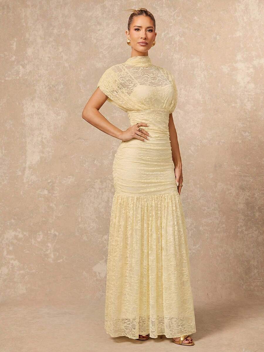 SHEIN Lumalex فستان من الدانتيل أنيق بلون اوزة صفراء